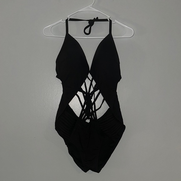 Black One Piece Swimsuit with Halter Straps and Cut-Out Design - Picture 1 of 4